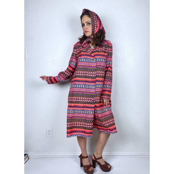 vtg 60s Neon Pink AQUASHEEN Scarf RAINCOAT Large psychedelic vinyl spring jacket - Picture 6 of 10